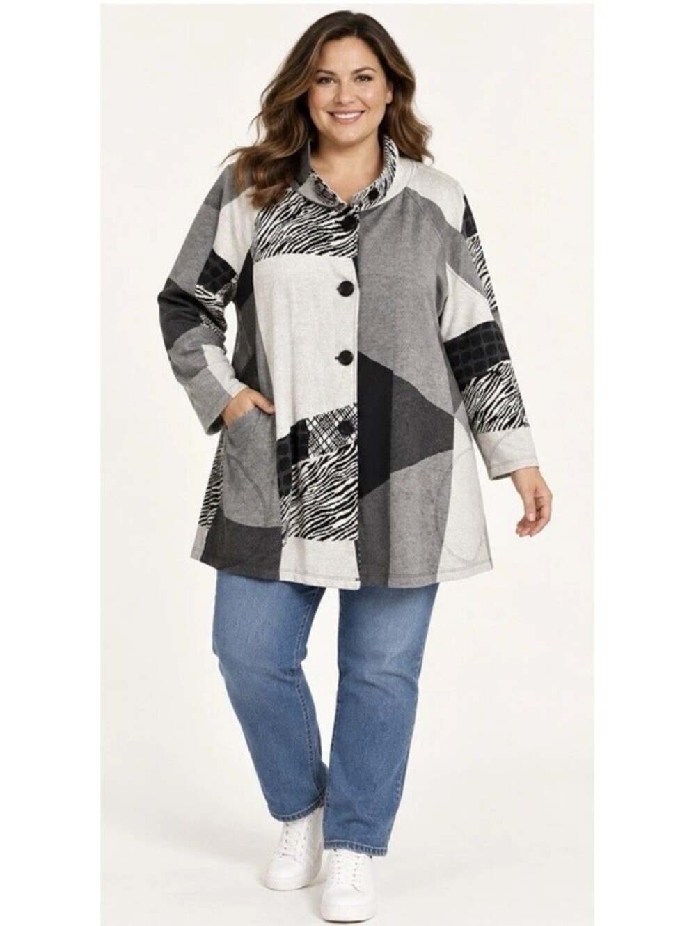 Multiples 2X Button Down Sweater Jacket Lagenlook Patchwork Artsy Art To Wear
